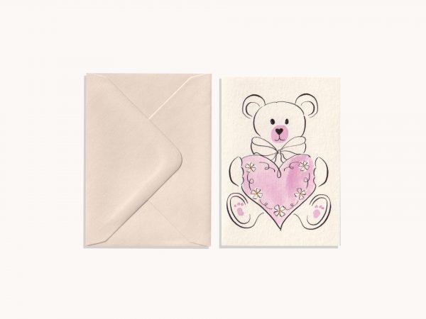 Baby Card – Pastel Pink Bear & Heart