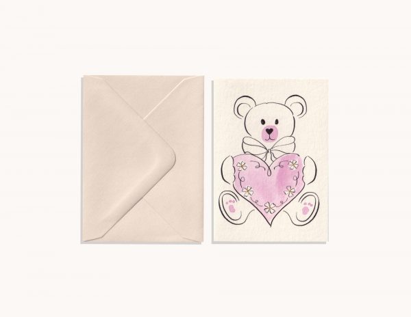 Baby Card - Pastel Pink Bear & Heart